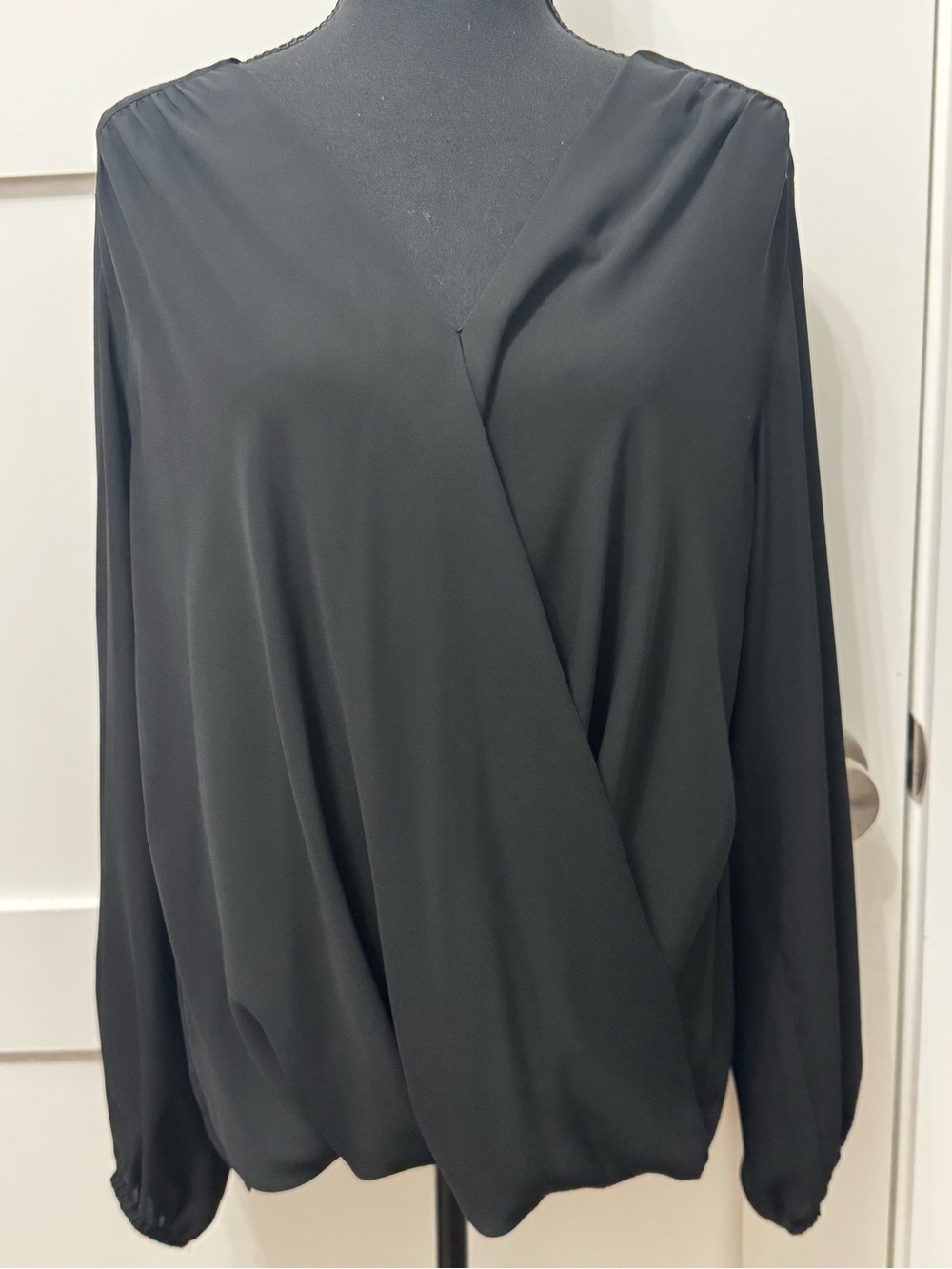 INC International Concepts Black Wrap-Front Long Sleeve Blouse